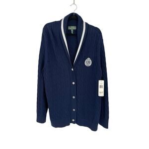 NWT Ralph Lauren Active Cardigan Sweater Cable Knit Crest Shawl Collar Blue 2X